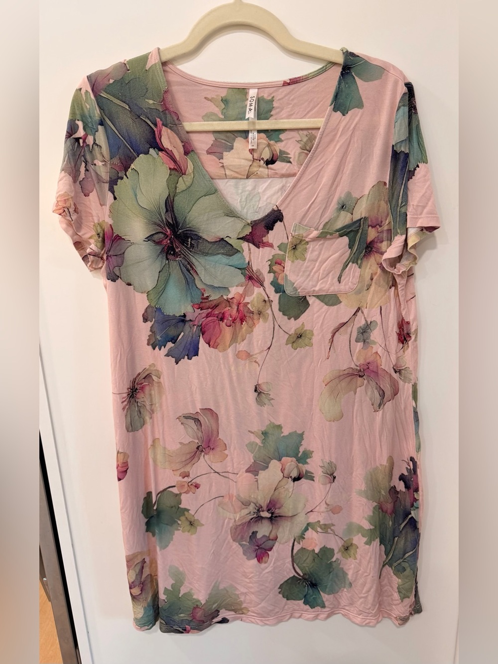 Soma Cool Nights sleepshirt features a pink watercolor floral pattern